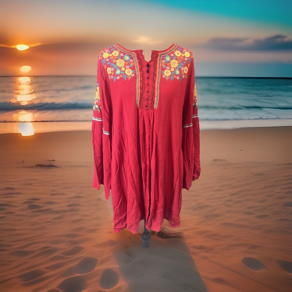 Umgee Size Large Floral Embroidered Lace Tunic Mini Dress Boho Chic